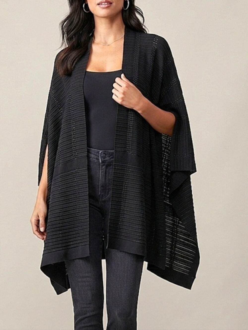 Le Chateau Black Open-Knit Women's Lightweight Ruana Wrap Sweater Size OS